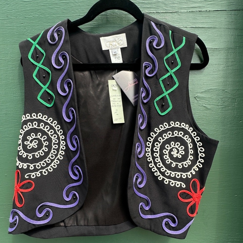 Vintage Cache Soutache Western embroider Vest 90s USA Made Sample Black Purple M - Picture 2 of 6